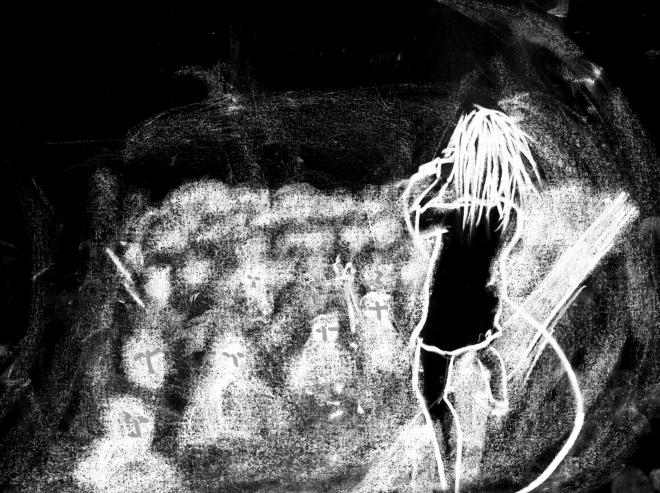 Czarno-biała ilustracja: Ghostemane i publika, widok z tyłu sceny.