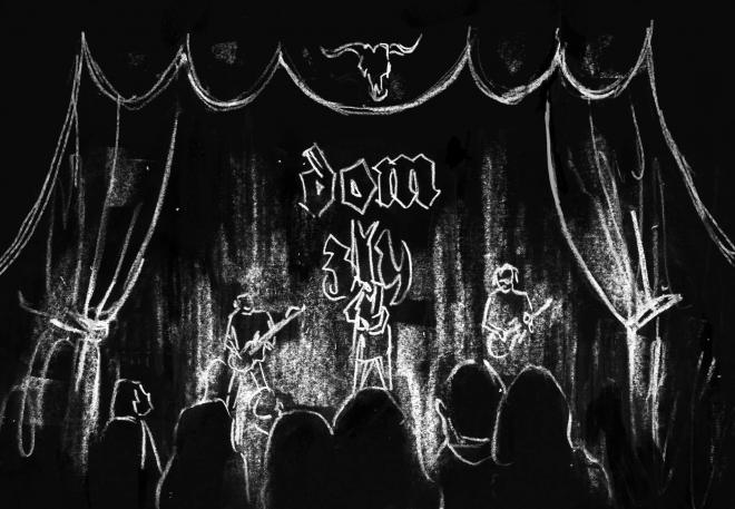Rysunek Edyty Krzyżanowskiej. Koncert zespołu. W tle napis "Dom zły".