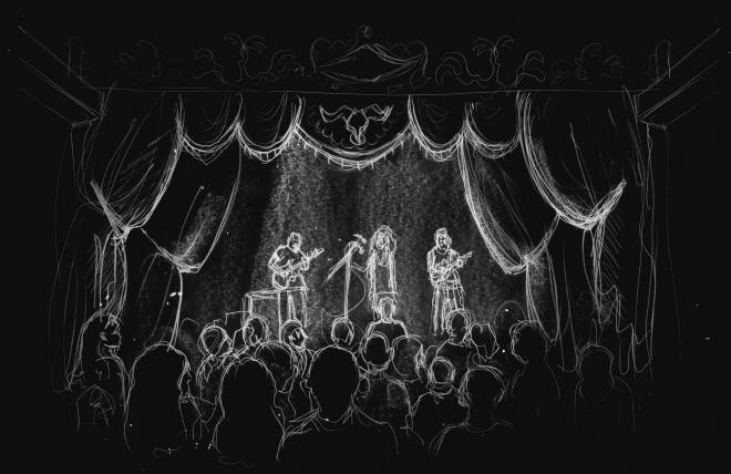 Kwiaty. Czarno-biały rysunek Edyty Krzyżanowskiej. Koncert zespołu.