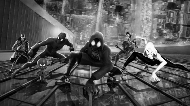 Kadr z filmu "Spider-Man Uniwersum". Postacie wspinające się po budynku.
