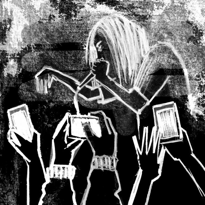 Czarno-biała ilustracja: publiczność fotografuje Ghostemane.