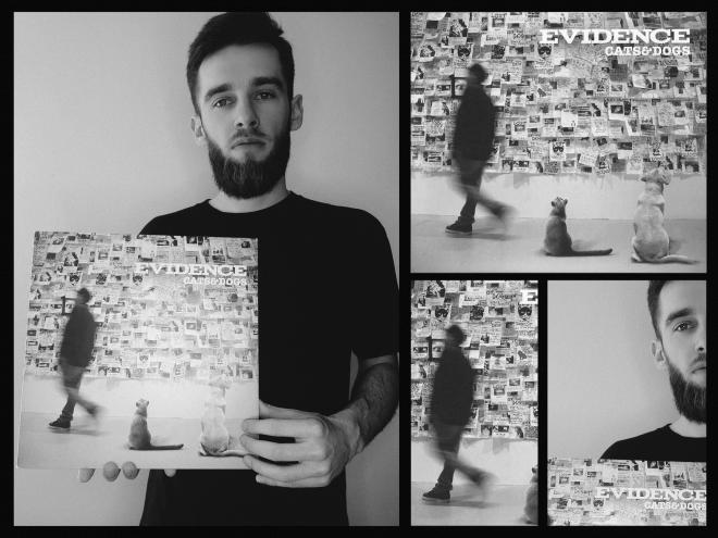 Mężczyzna stoi, trzyma płytę Evidence - "Cats & Dogs".