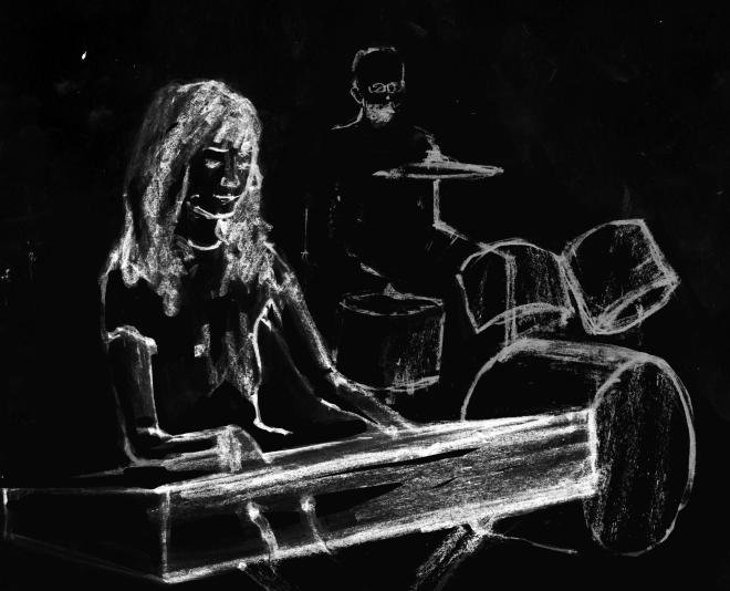 Rysunek Edyty Krzyżanowskiej. Pianistka i perkusista.