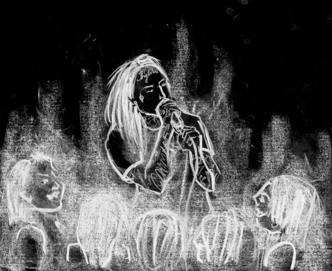 Czarno-biała ilustracja: Ghostemane i publika.