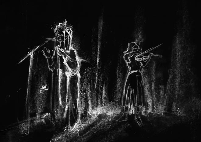 Czarno-biały rysunek. Koncert zespołu.