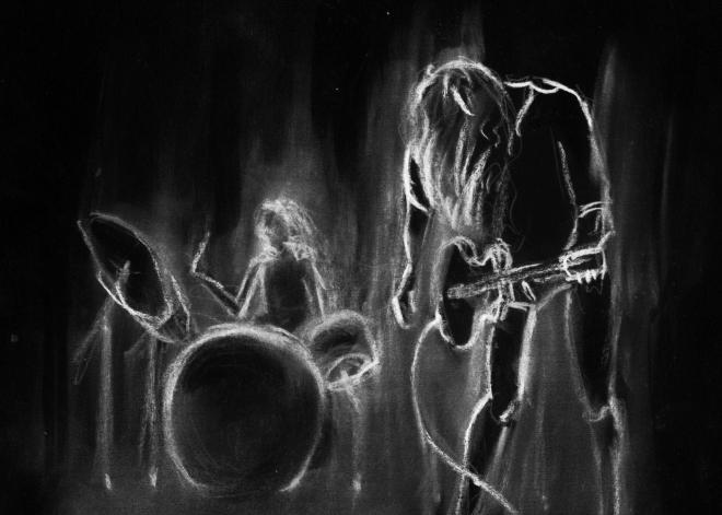 Rysunek Edysty Krzyżanowskiej. Gitarzysta i perkusista.