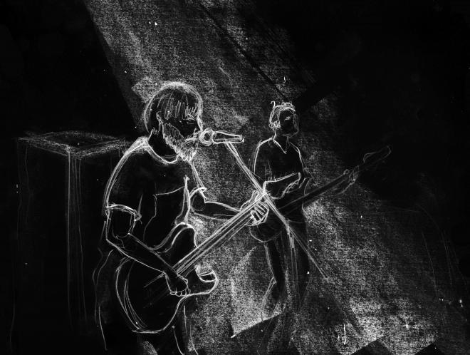 Krzta. Czarno-biały rysunek Edyty Krzyżanowskiej. Koncert zespołu.