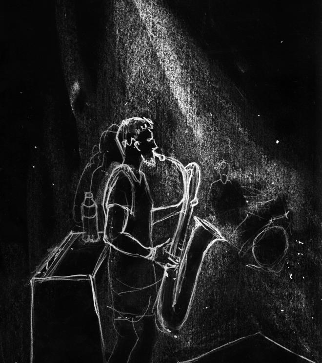 Pure Phase Ensemble. Czarno-biały rysunek Edyty Krzyżanowskiej. Koncert zespołu.