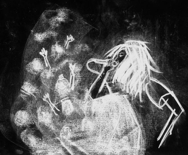 Czarno-biała ilustracja: Ghostemane śpiewa - impresja.