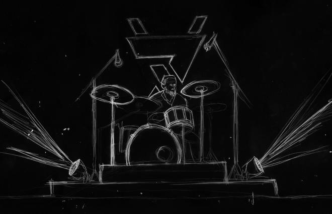 Czarno-biały rysunek. Koncert zespołu. Perkusista.