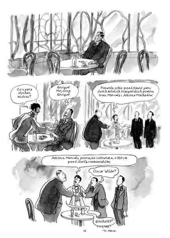 Strona z komiksu Boska komedia Oscara Wilde'a. Bohaterowie rozmawiają.