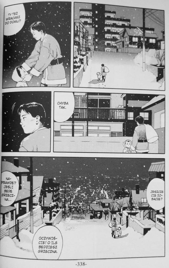 Strona z komiksu "Skamieniałe sny". Mężczyzna z dzieckiem.